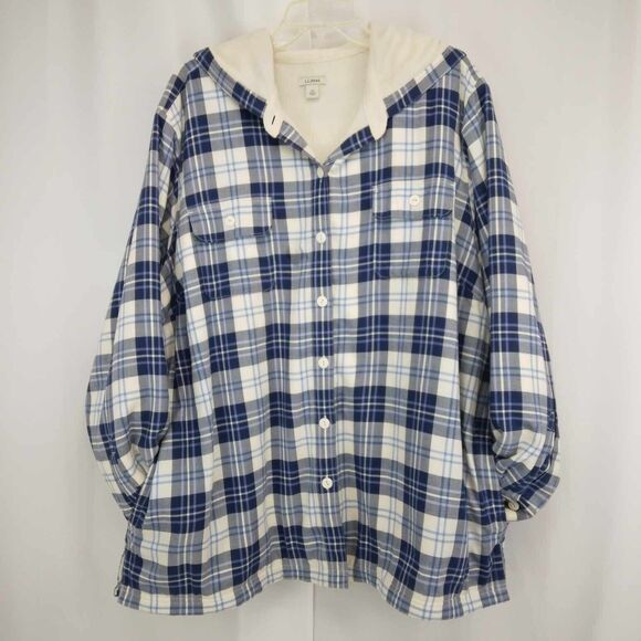 LL Bean Women's 2X Blue Plaid Fleece Lined Flannel Button Hooded Shacket Pockets - Picture 2 of 7